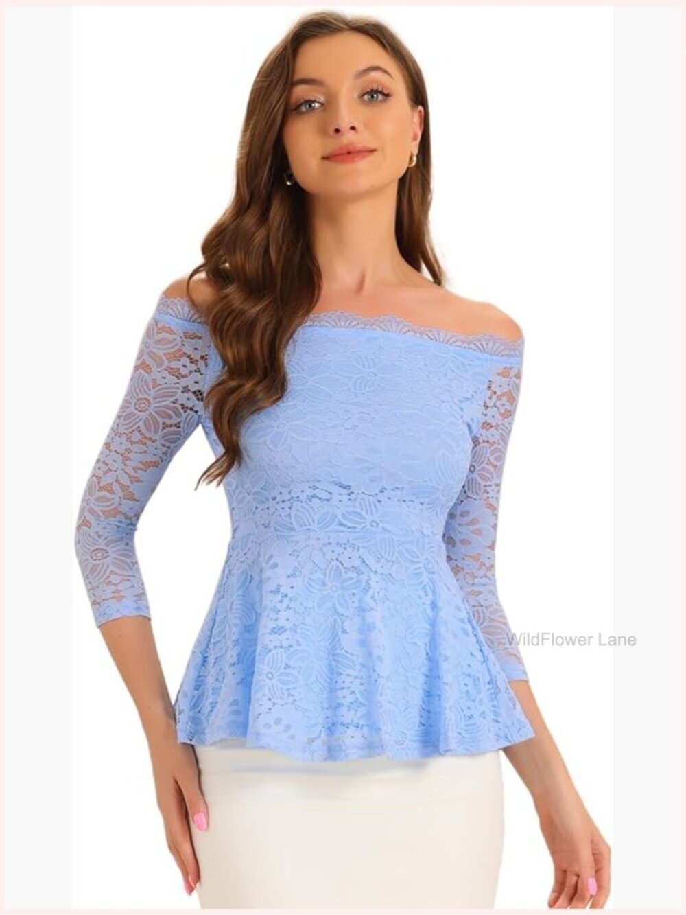 Elegant Lace Off Shoulder Peplum Blouse 3/4 Sleeve Semi Sheer Top